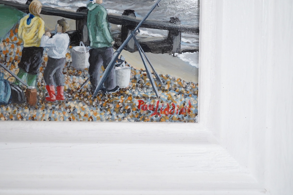 Paul Liddiard, Beach fishing, signed, RA Summer Exhibition 2013 label verso, acrylic on board, 11 x 13cm